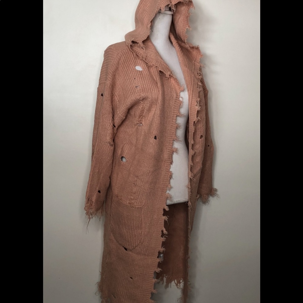 NWT & Merci dark mauve long body destroyed cardigan sz small